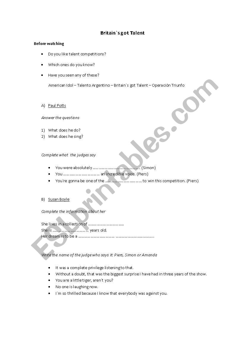 Britain`s got Talent worksheet